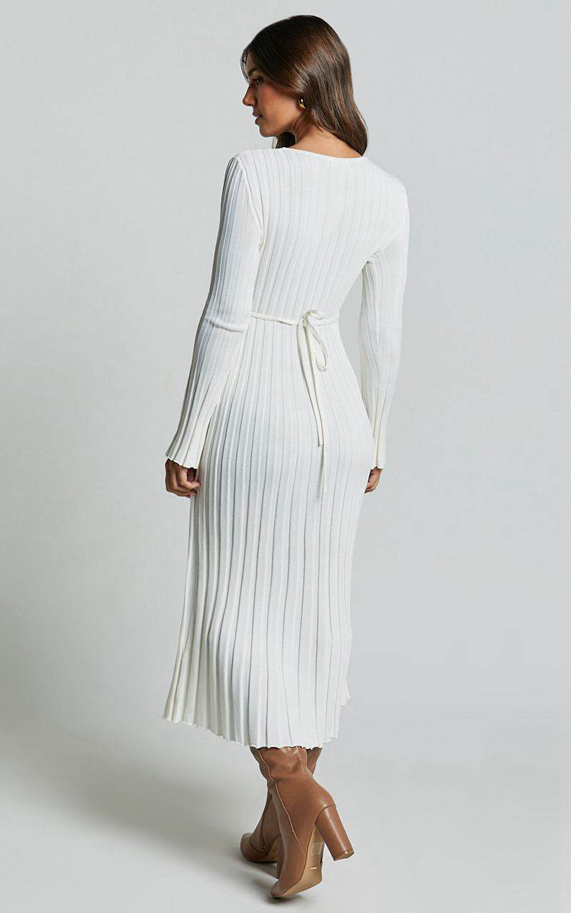 Showpo Blaire Midi Dress - Long Sleeve Tie Back Flare Dress Ivory | WQHMLB531