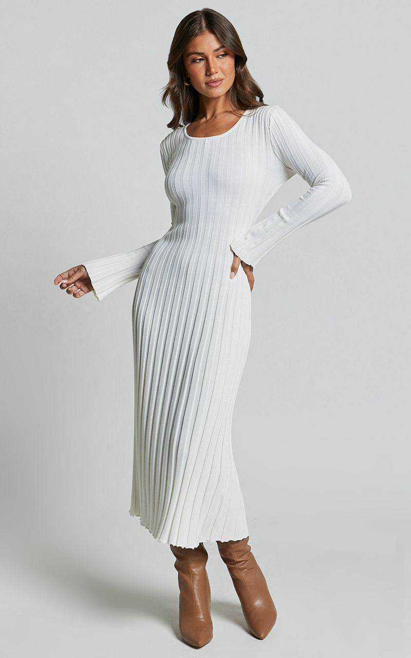 Showpo Blaire Midi Dress - Long Sleeve Tie Back Flare Dress Ivory | WQHMLB531