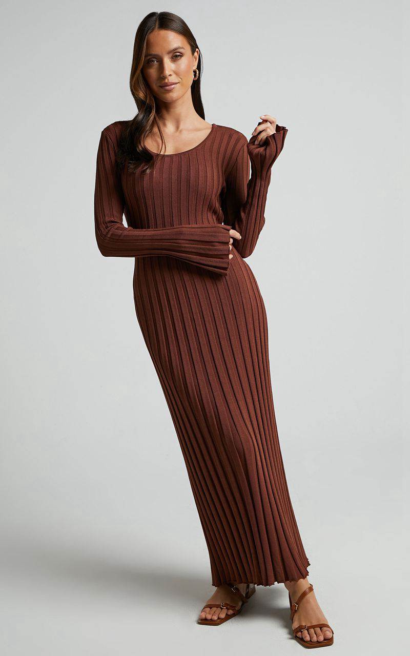 Showpo Blaire Midi Dress - Long Sleeve Tie Back Flare Dress Chocolate | HIXGBF498