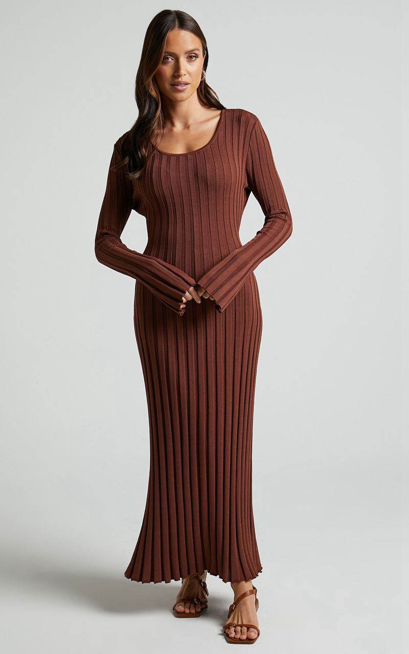 Showpo Blaire Midi Dress - Long Sleeve Tie Back Flare Dress Chocolate | HIXGBF498