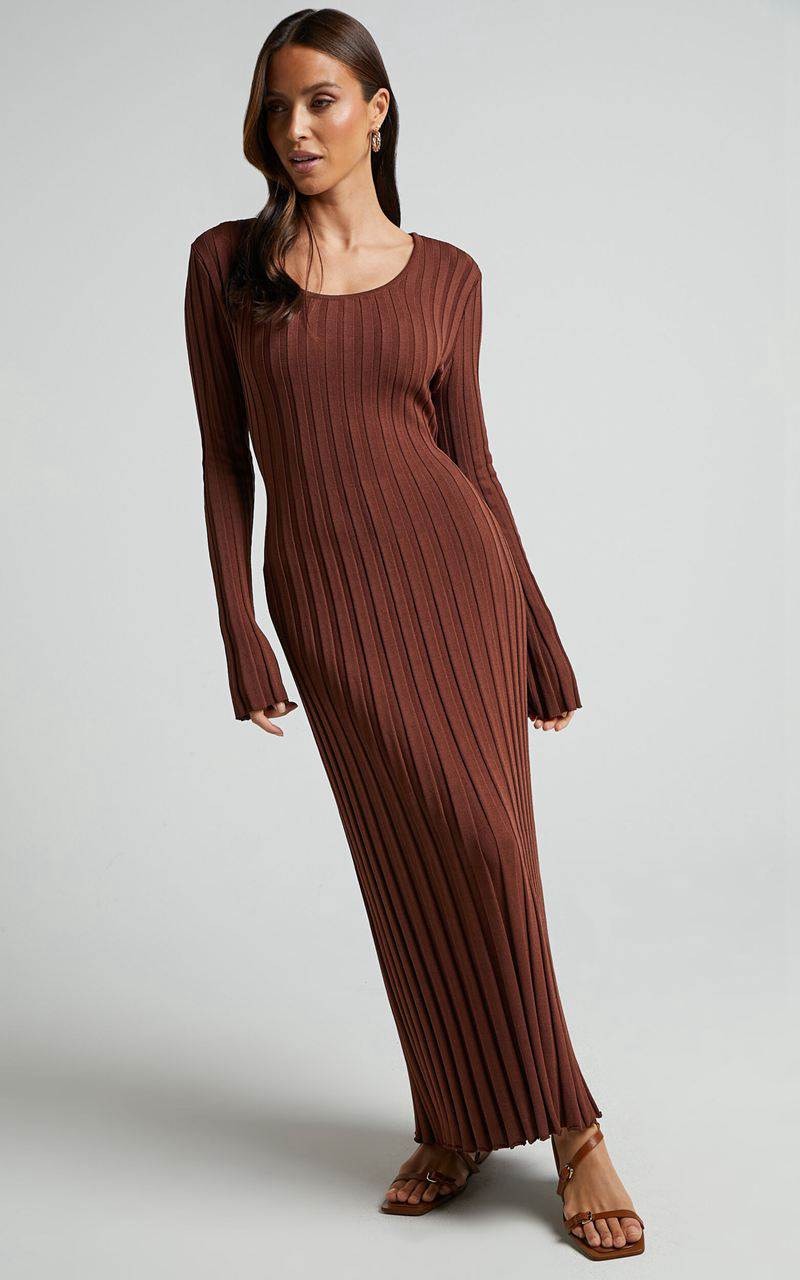 Showpo Blaire Midi Dress - Long Sleeve Tie Back Flare Dress Chocolate | HIXGBF498