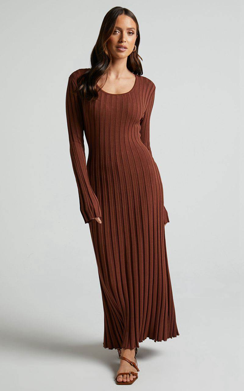 Showpo Blaire Midi Dress - Long Sleeve Tie Back Flare Dress Chocolate | HIXGBF498