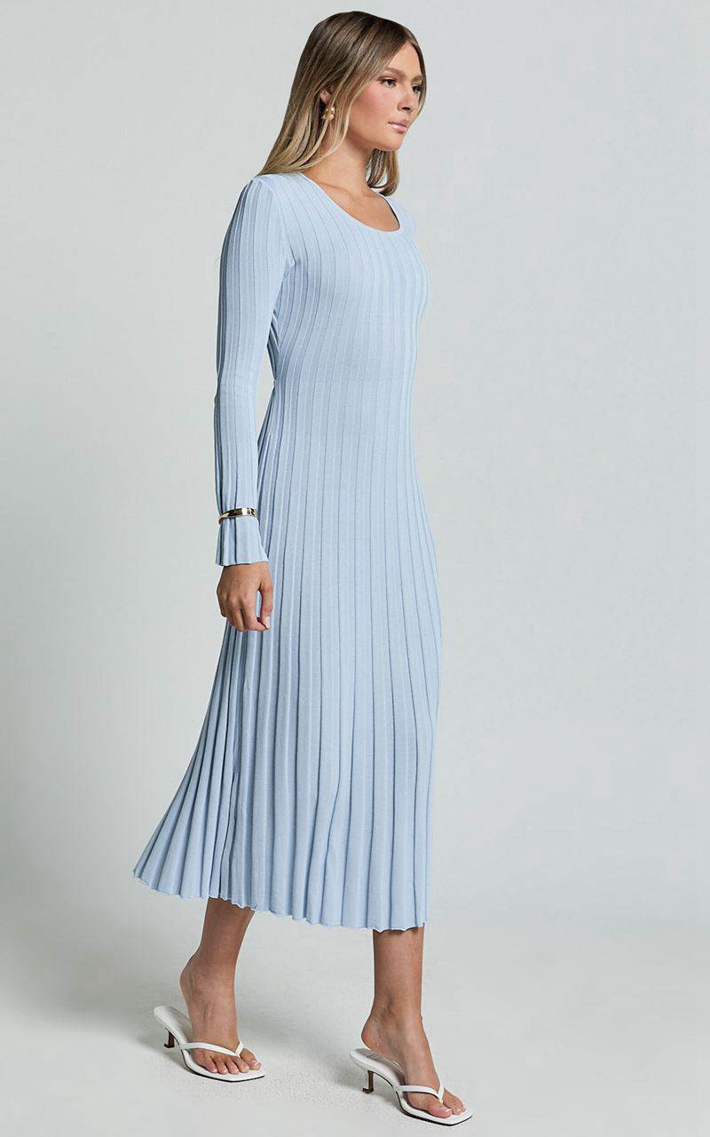 Showpo Blaire Midi Dress - Long Sleeve Tie Back Flare Dress Blue | PKWUND325