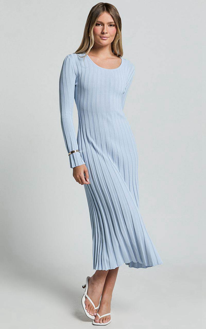 Showpo Blaire Midi Dress - Long Sleeve Tie Back Flare Dress Blue | PKWUND325