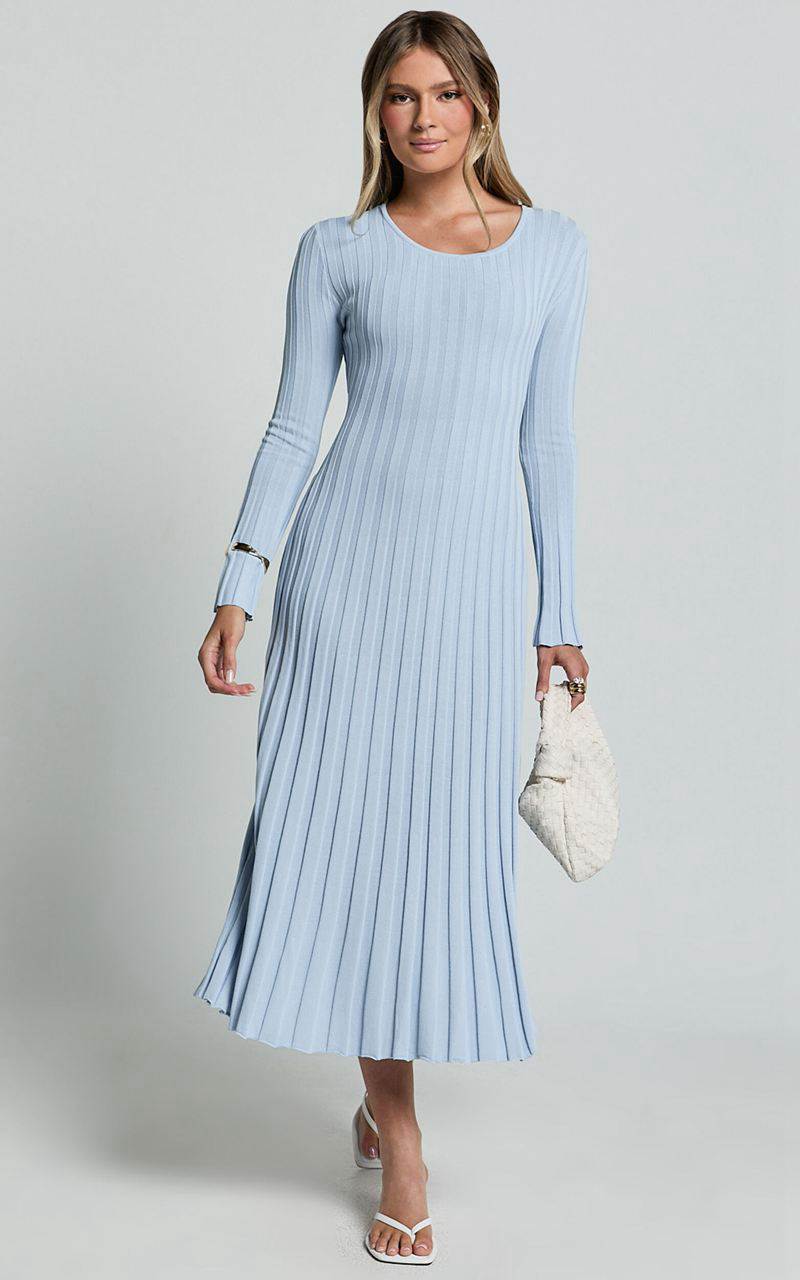 Showpo Blaire Midi Dress - Long Sleeve Tie Back Flare Dress Blue | PKWUND325