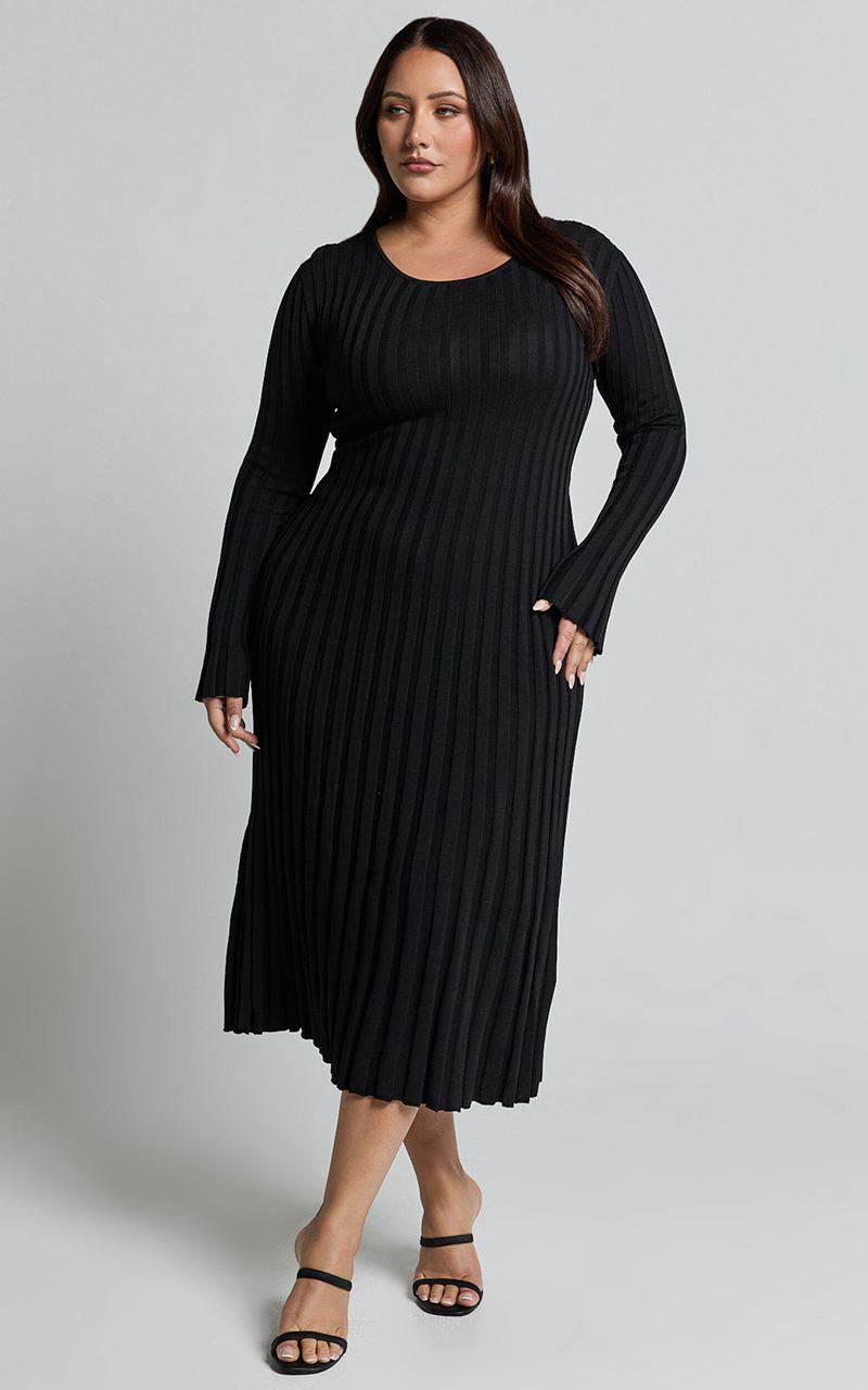 Showpo Blaire Midi Dress - Long Sleeve Tie Back Flare Dress Black | HJXVBM639