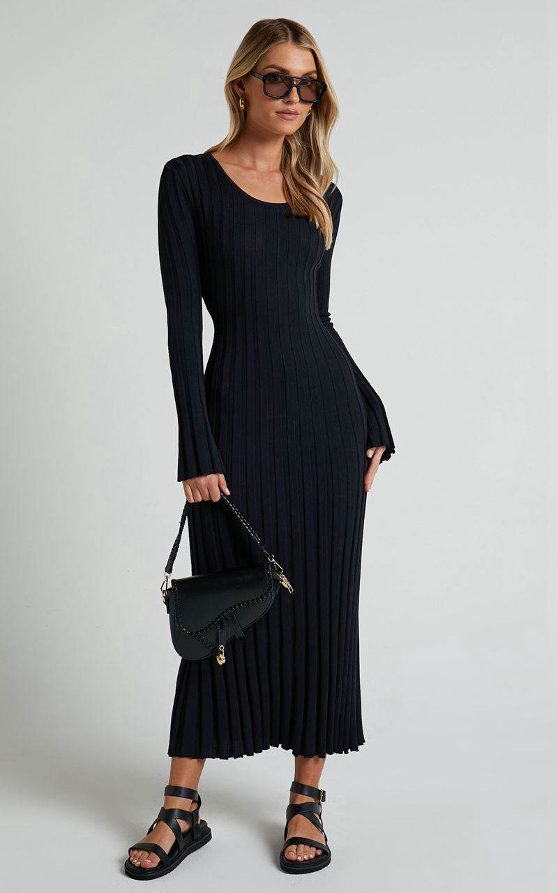 Showpo Blaire Midi Dress - Long Sleeve Tie Back Flare Dress Black | HJXVBM639