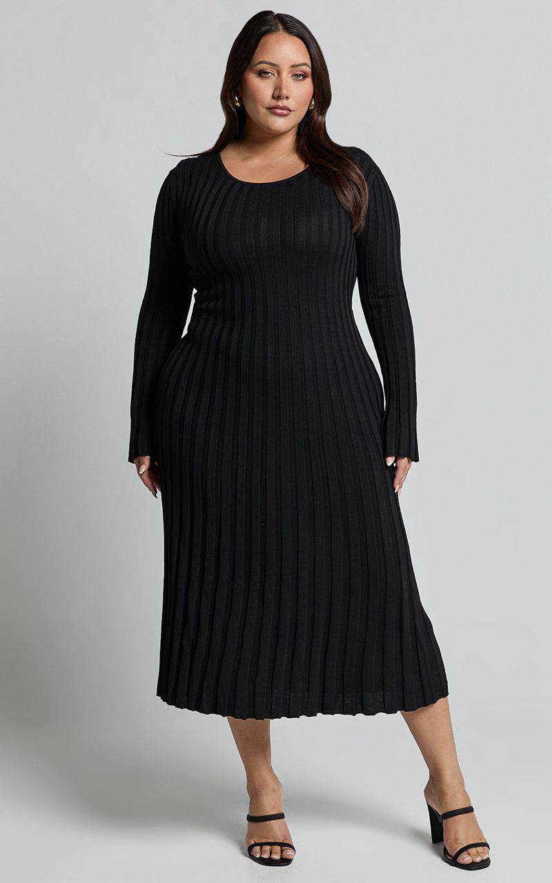 Showpo Blaire Midi Dress - Long Sleeve Tie Back Flare Dress Black | HJXVBM639