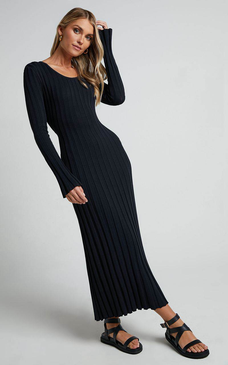 Showpo Blaire Midi Dress - Long Sleeve Tie Back Flare Dress Black | HJXVBM639