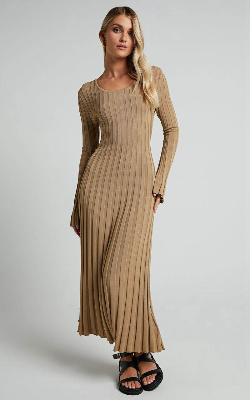 Showpo Blaire Midi Dress - Long Sleeve Tie Back Flare Dress Roasted Cashew | FKZAVP325