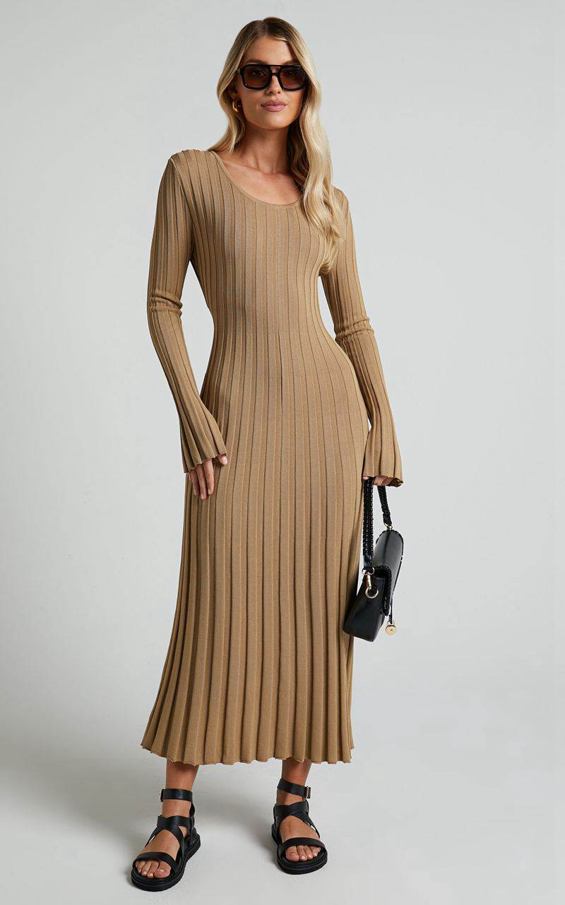 Showpo Blaire Midi Dress - Long Sleeve Tie Back Flare Dress Roasted Cashew | FKZAVP325