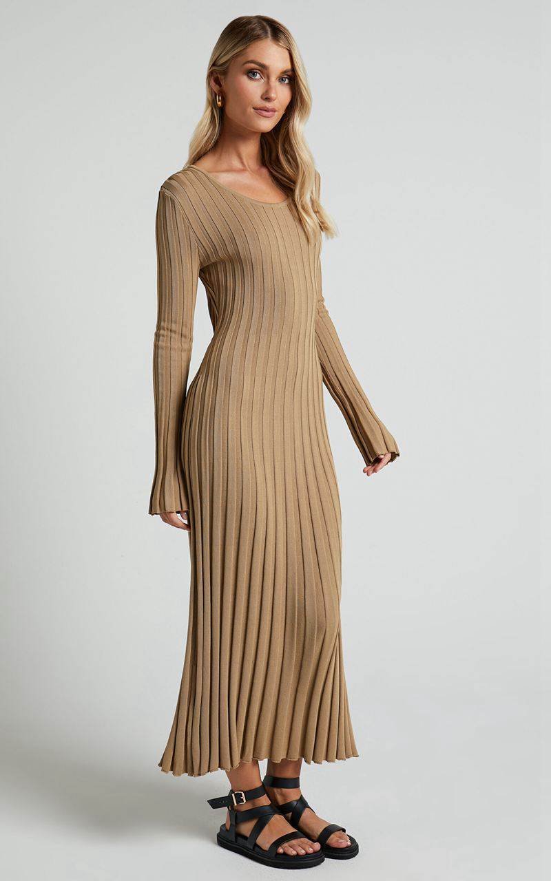 Showpo Blaire Midi Dress - Long Sleeve Tie Back Flare Dress Roasted Cashew | FKZAVP325