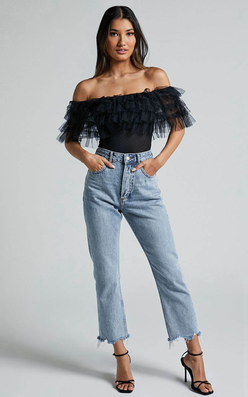 Showpo Blake Bodysuit - Off Shoulder Tiered Tulle Bodysuit Black | OSUDMC368