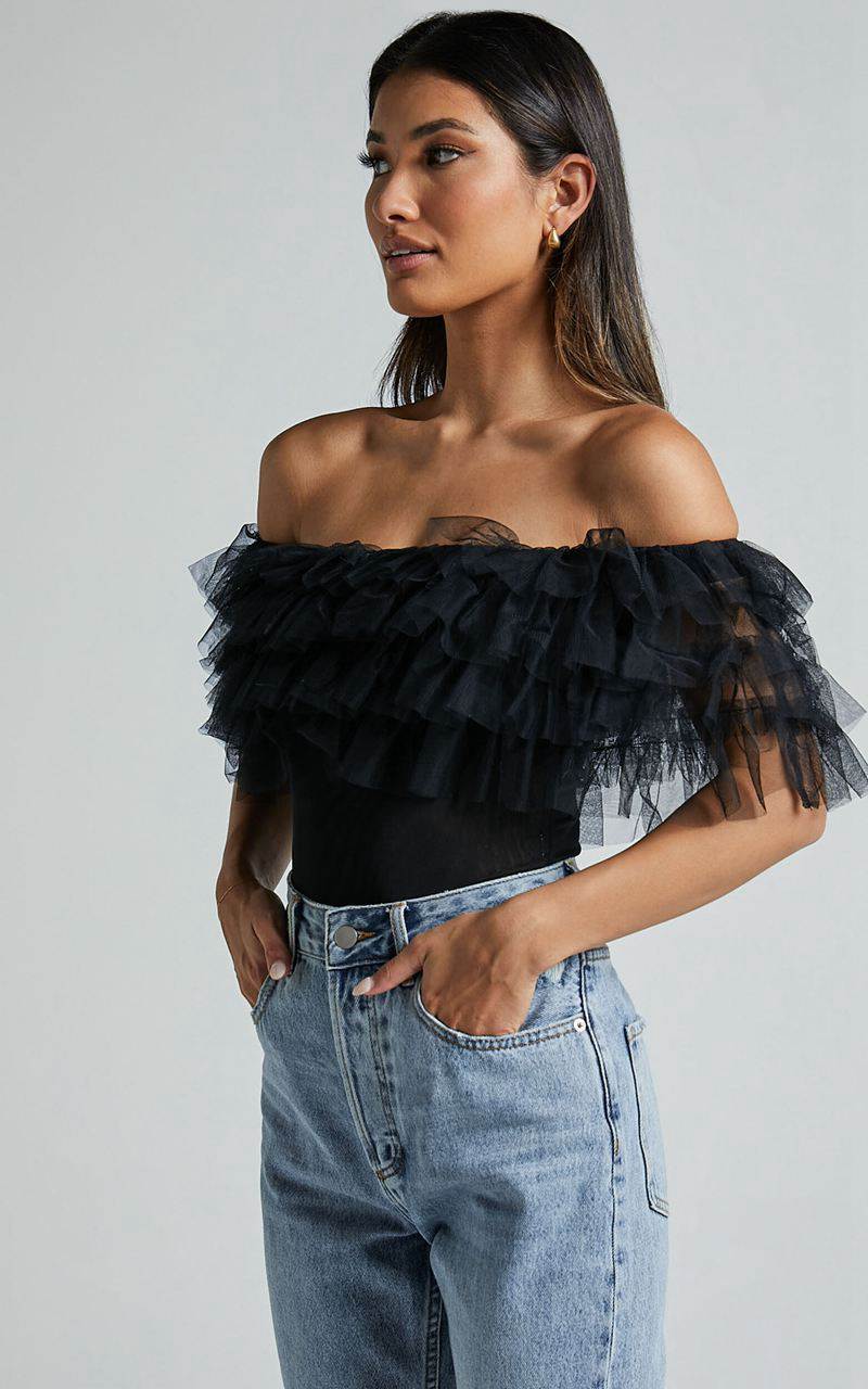 Showpo Blake Bodysuit - Off Shoulder Tiered Tulle Bodysuit Black | OSUDMC368