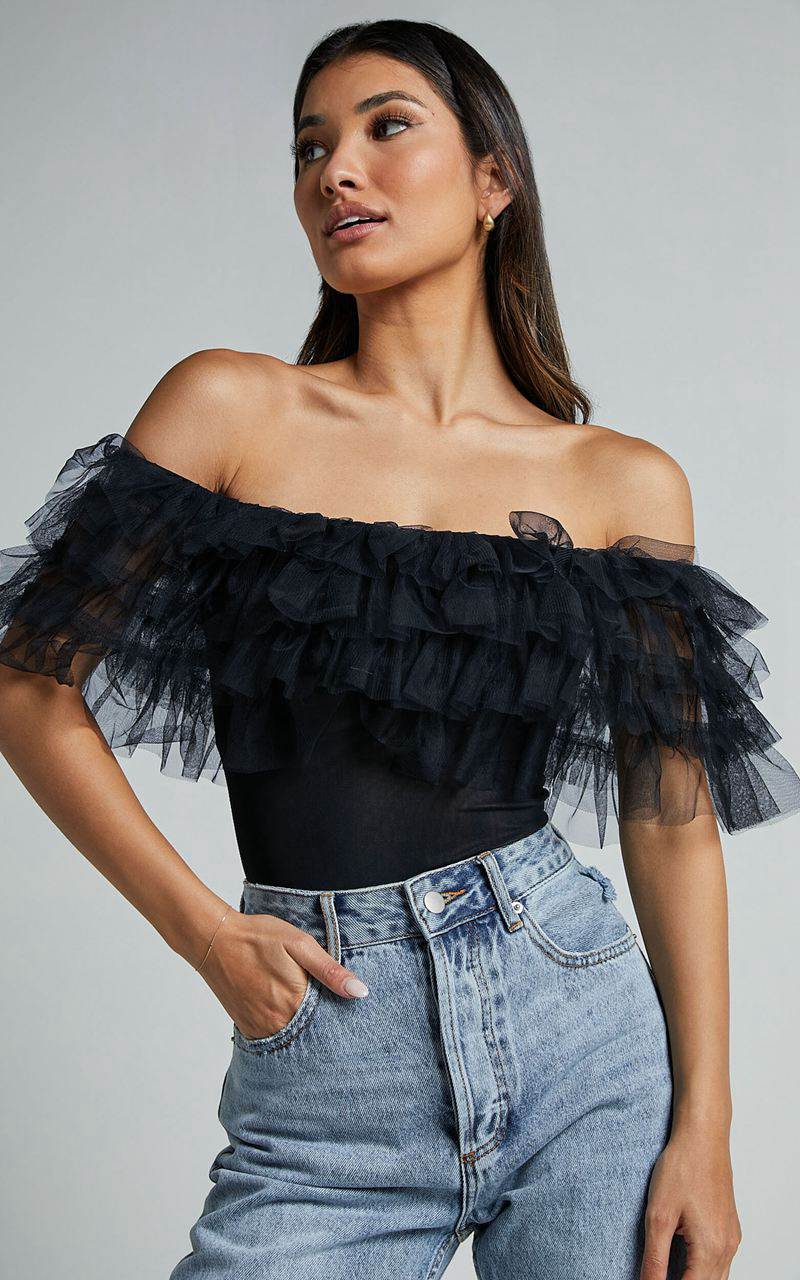 Showpo Blake Bodysuit - Off Shoulder Tiered Tulle Bodysuit Black | OSUDMC368