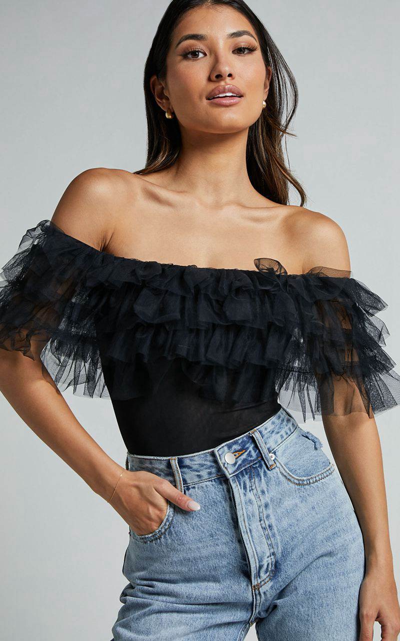 Showpo Blake Bodysuit - Off Shoulder Tiered Tulle Bodysuit Black | OSUDMC368