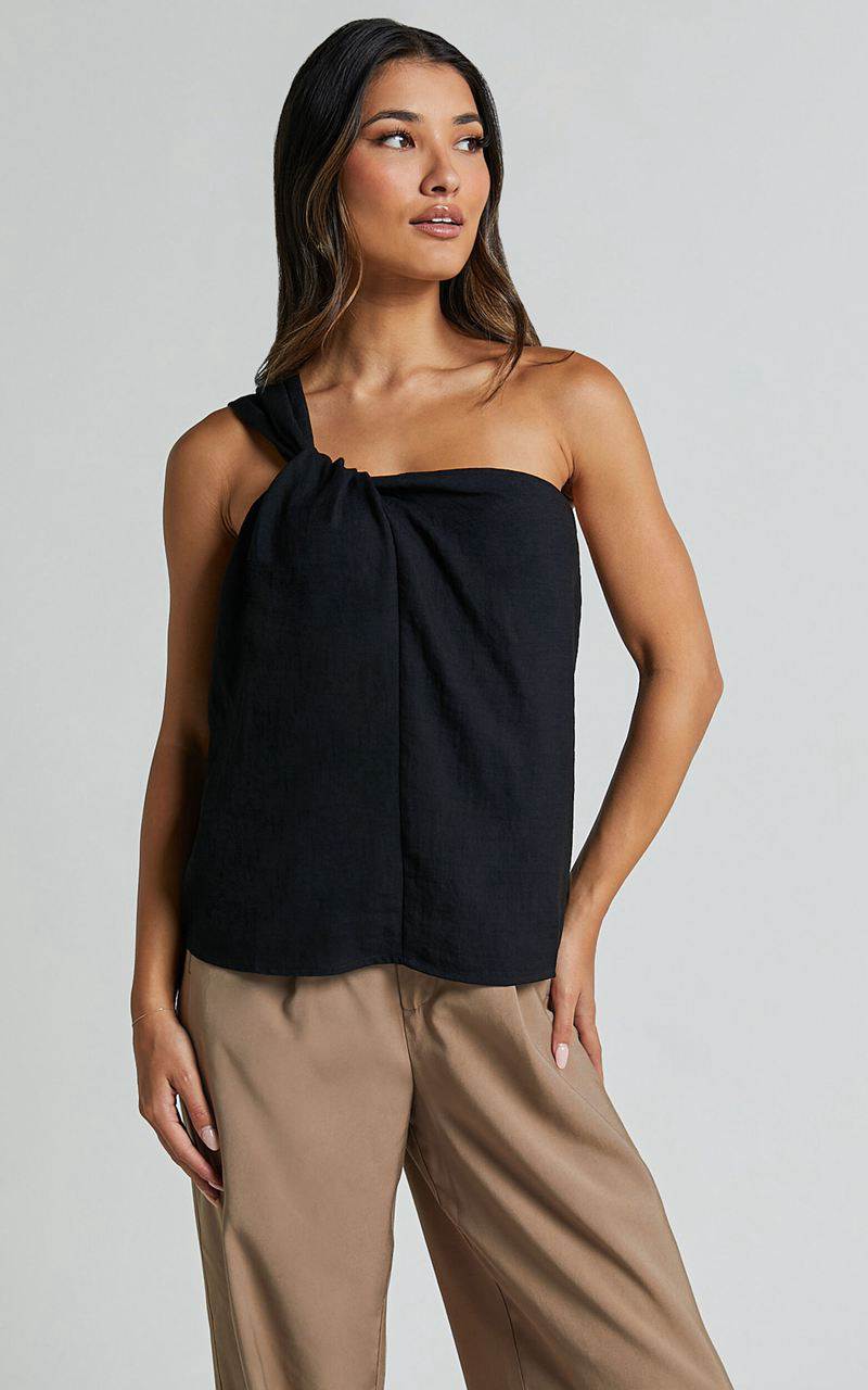 Showpo Bobbi Top - Linen Look Knot Detail One Shoulder Top Black | SLGYQU817