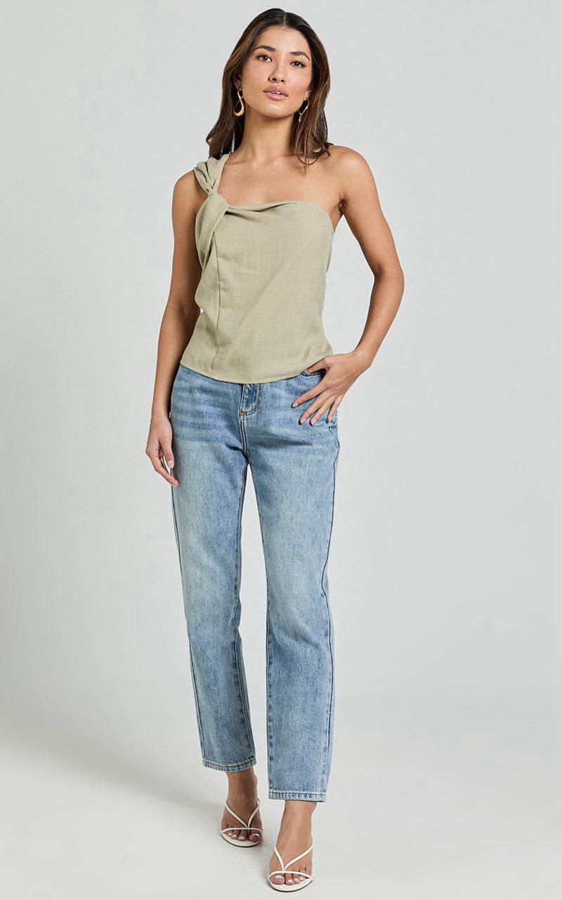 Showpo Bobbi Top - Linen Look Knot Detail One Shoulder Top Sage | MODAYR964