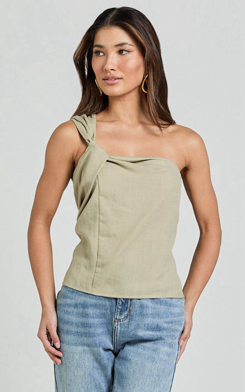 Showpo Bobbi Top - Linen Look Knot Detail One Shoulder Top Sage | MODAYR964