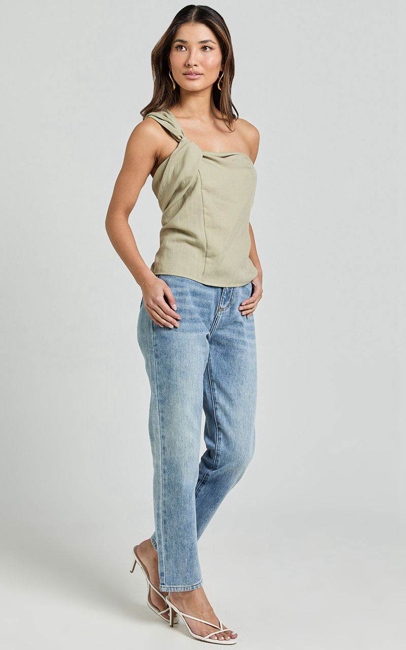 Showpo Bobbi Top - Linen Look Knot Detail One Shoulder Top Sage | MODAYR964