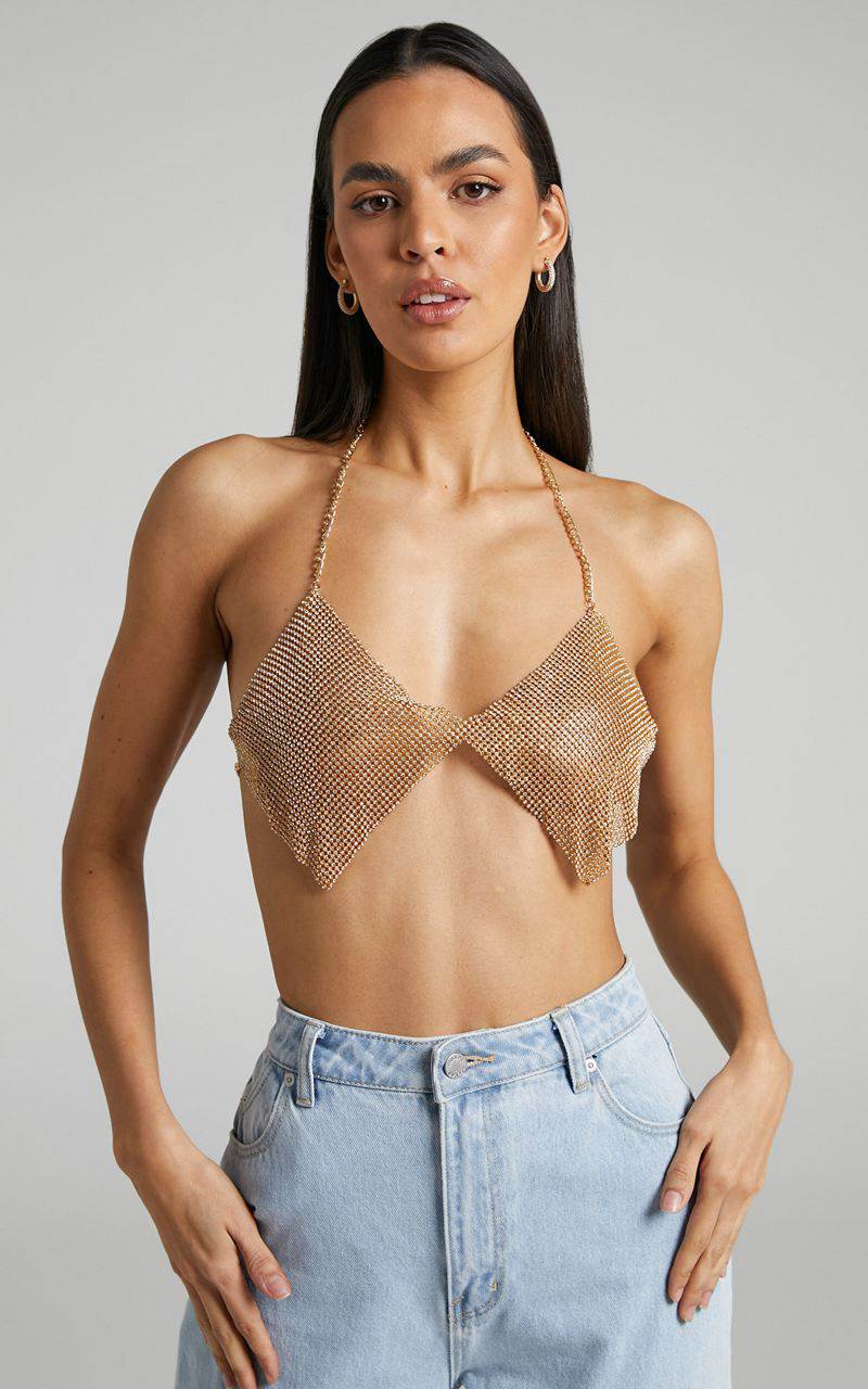 Showpo Bowie Mesh Crop Top White Gold | QVOWTC985