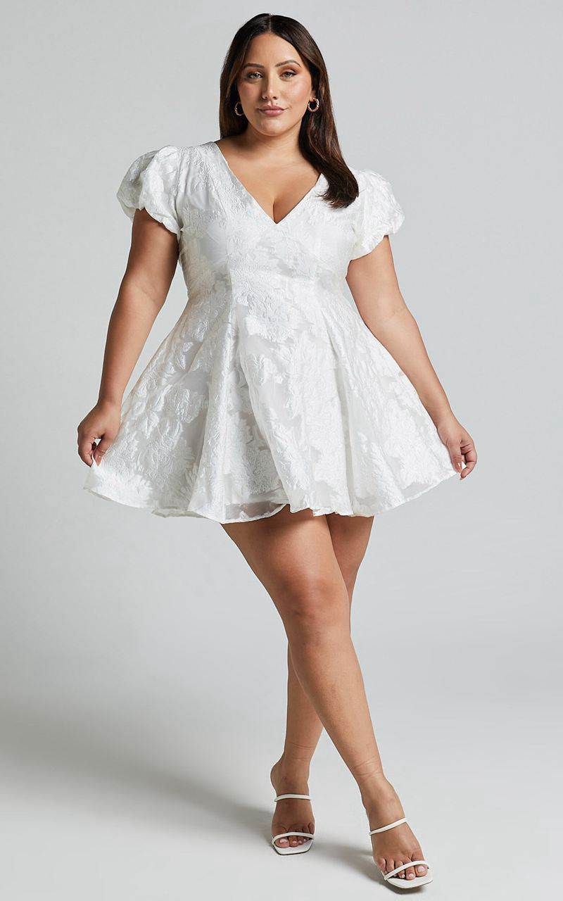 Showpo Brailey Jacquard Mini Dress - Puff Sleeve Dress White | YQJBFH086