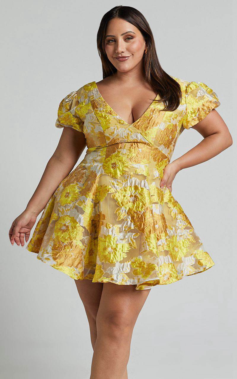 Showpo Brailey Jacquard Mini Dress - Puff Sleeve Dress Yellow Floral | GMHLFY246