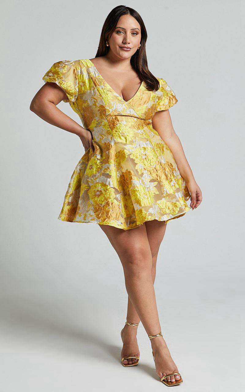 Showpo Brailey Jacquard Mini Dress - Puff Sleeve Dress Yellow Floral | GMHLFY246