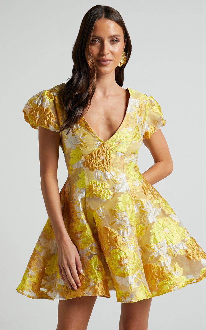 Showpo Brailey Jacquard Mini Dress - Puff Sleeve Dress Yellow Floral | GMHLFY246