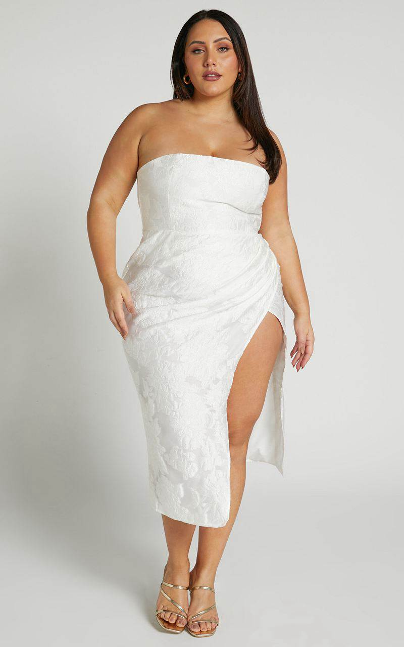 Showpo Brailey Midi Dress - Thigh Split Strapless Dress White Jacquard | EPHFKI971