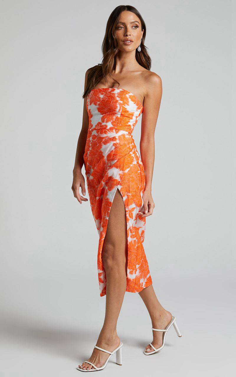 Showpo Brailey Midi Dress - Thigh Split Strapless Dress Orange & White Jacquard | EVJKNZ934