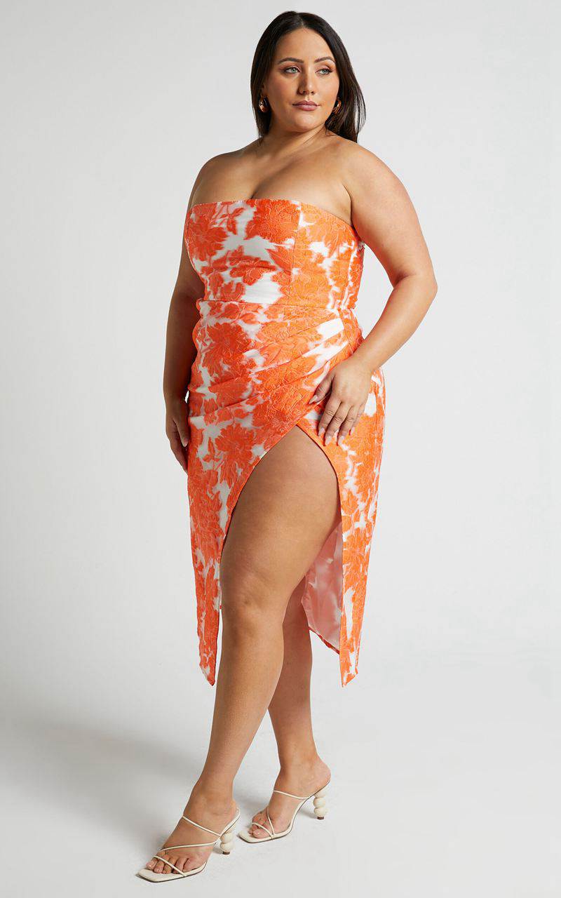 Showpo Brailey Midi Dress - Thigh Split Strapless Dress Orange & White Jacquard | EVJKNZ934