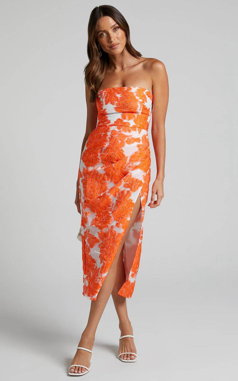 Showpo Brailey Midi Dress - Thigh Split Strapless Dress Orange & White Jacquard | EVJKNZ934