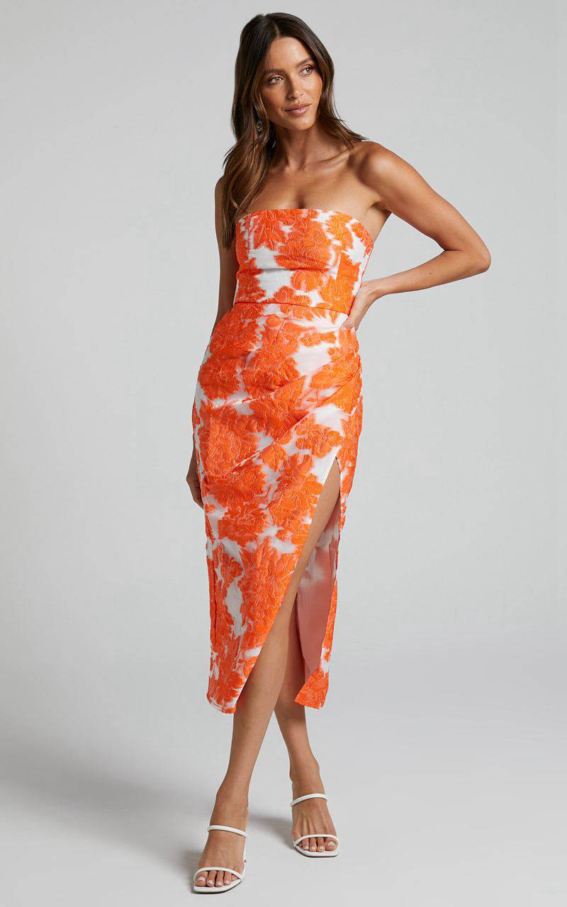 Showpo Brailey Midi Dress - Thigh Split Strapless Dress Orange & White Jacquard | EVJKNZ934