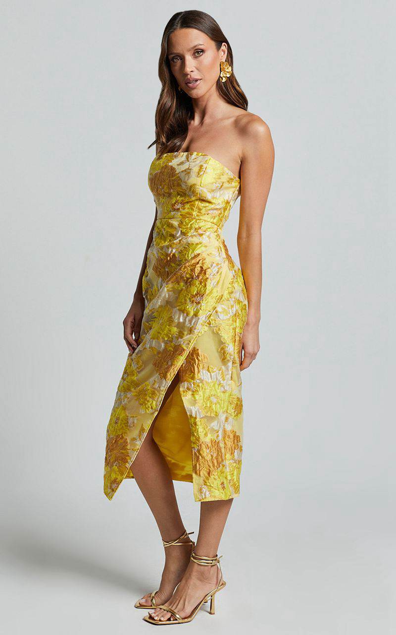 Showpo Brailey Midi Dress - Thigh Split Strapless Dress Yellow Jacquard | AJVXFN835