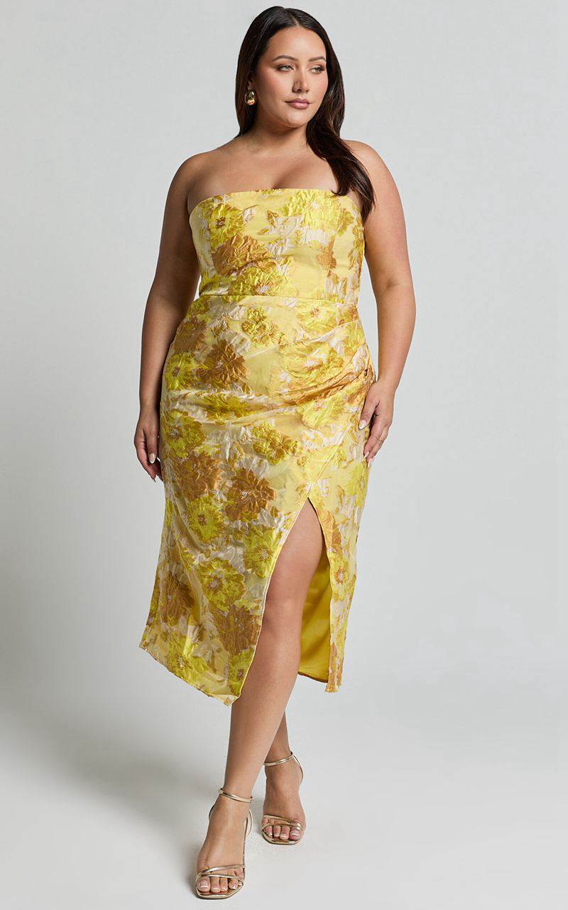 Showpo Brailey Midi Dress - Thigh Split Strapless Dress Yellow Jacquard | AJVXFN835