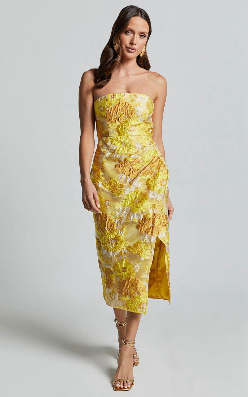 Showpo Brailey Midi Dress - Thigh Split Strapless Dress Yellow Jacquard | AJVXFN835