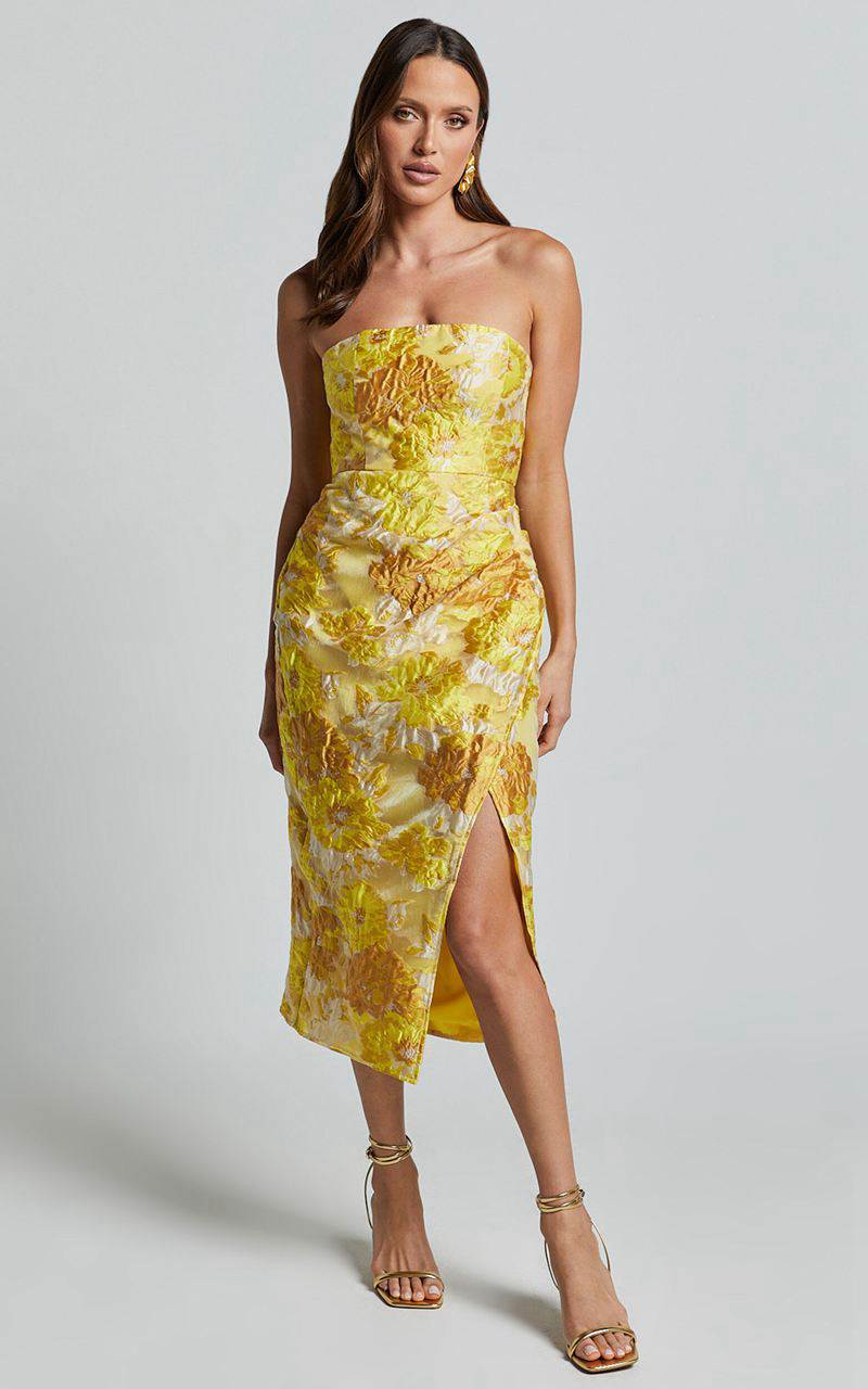 Showpo Brailey Midi Dress - Thigh Split Strapless Dress Yellow Jacquard | AJVXFN835