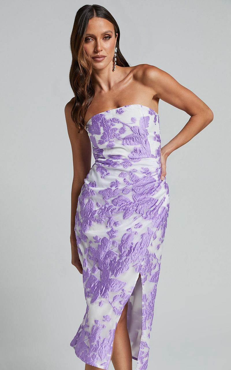 Showpo Brailey Midi Dress - Thigh Split Strapless Dress Purple Jacquard | EIQNTG321