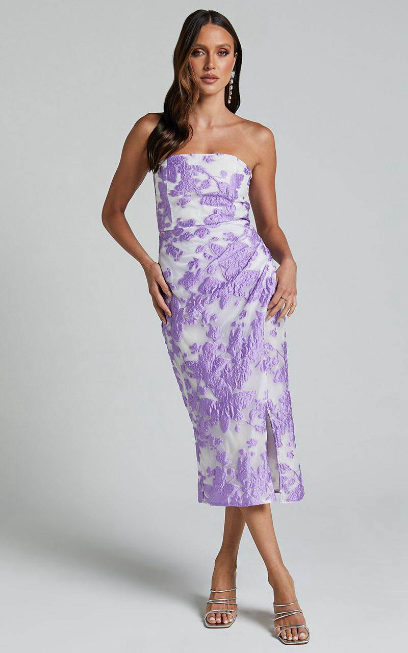 Showpo Brailey Midi Dress - Thigh Split Strapless Dress Purple Jacquard | EIQNTG321