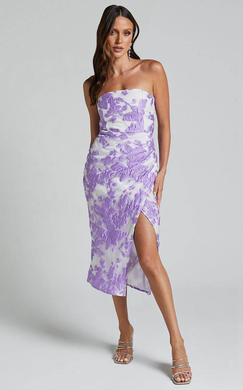 Showpo Brailey Midi Dress - Thigh Split Strapless Dress Purple Jacquard | EIQNTG321