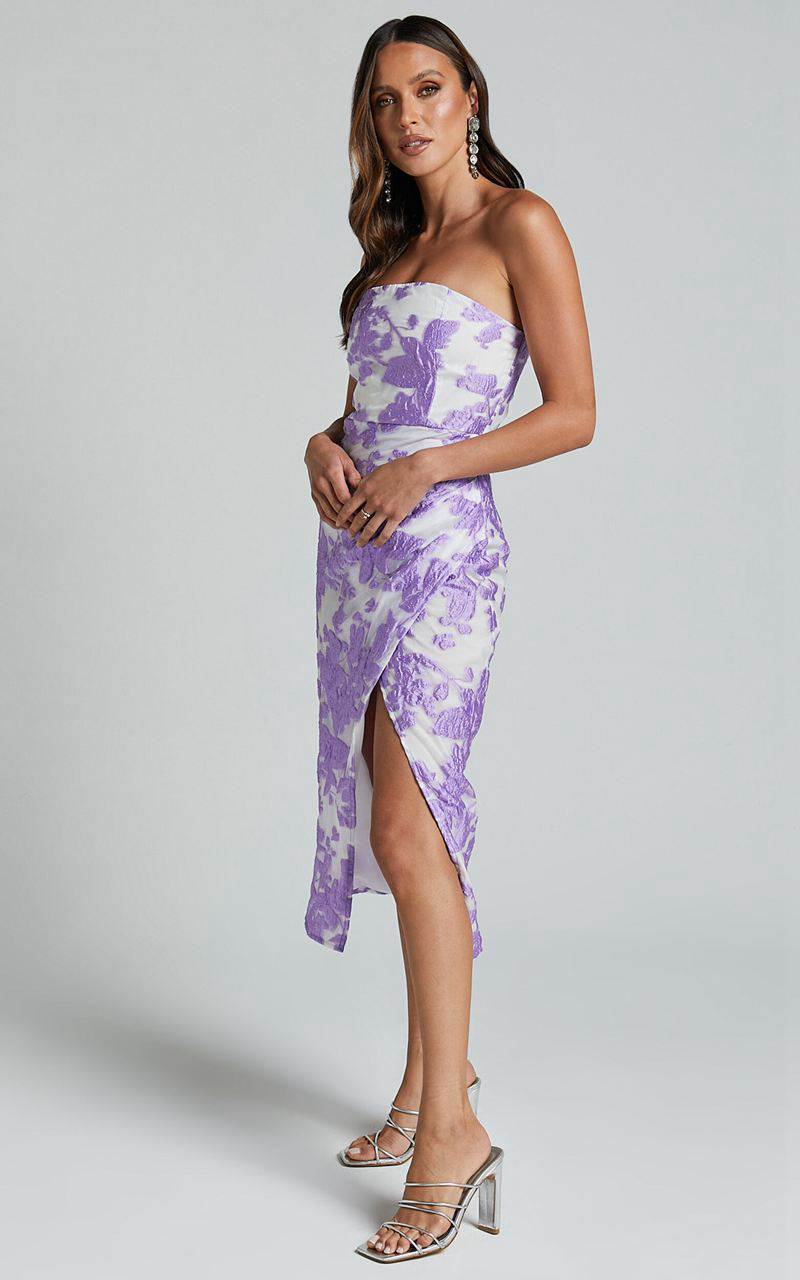 Showpo Brailey Midi Dress - Thigh Split Strapless Dress Purple Jacquard | EIQNTG321