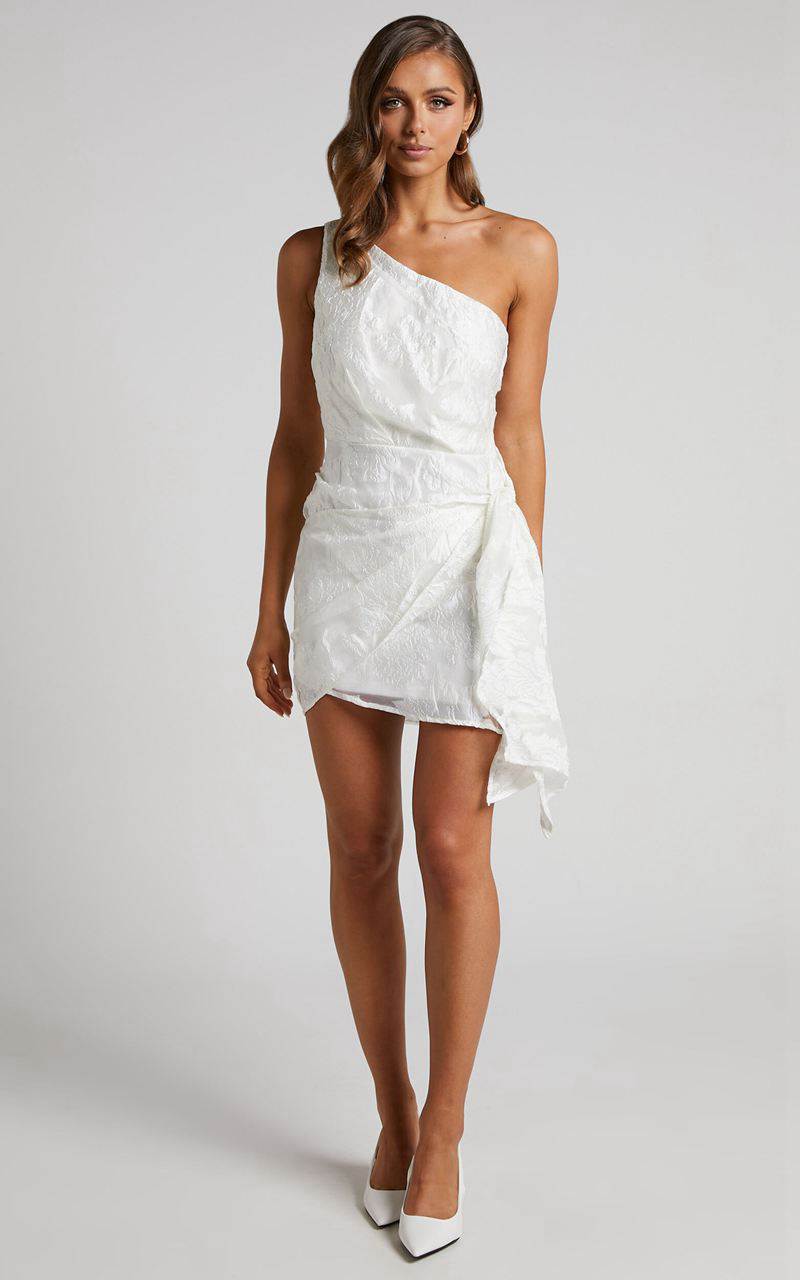 Showpo Brailey Mini Dress - One Shoulder Wrap Front Dress White Jacquard | PGDFBN201