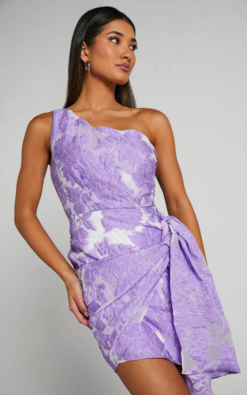 Showpo Brailey Mini Dress - One Shoulder Wrap Front Dress Purple Jacquard | YCSFQO180