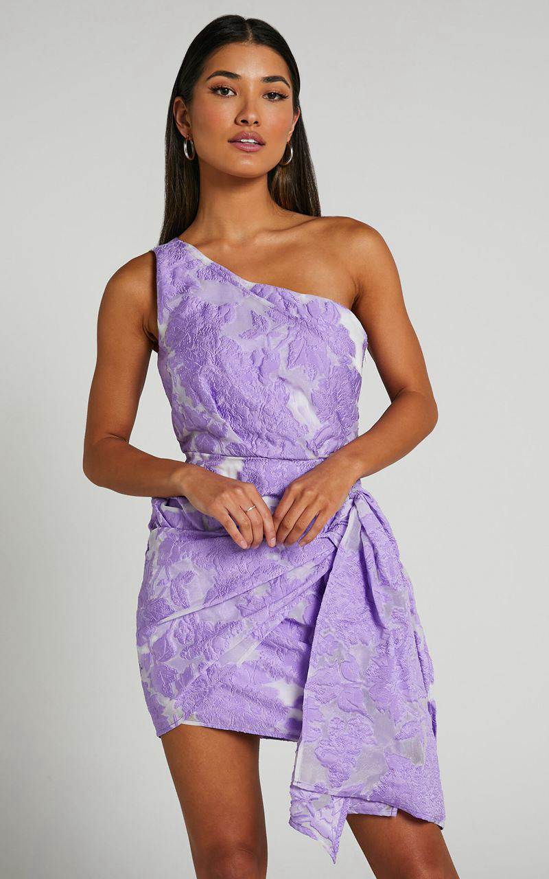 Showpo Brailey Mini Dress - One Shoulder Wrap Front Dress Purple Jacquard | YCSFQO180