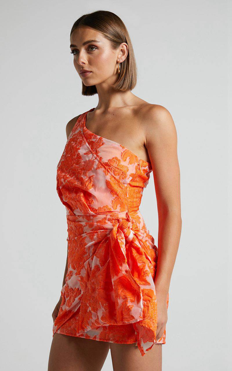 Showpo Brailey Mini Dress - One Shoulder Wrap Front Dress Orange Jacquard | KAXMYR238