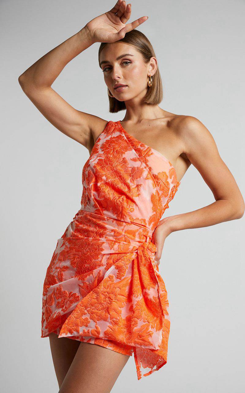 Showpo Brailey Mini Dress - One Shoulder Wrap Front Dress Orange Jacquard | KAXMYR238