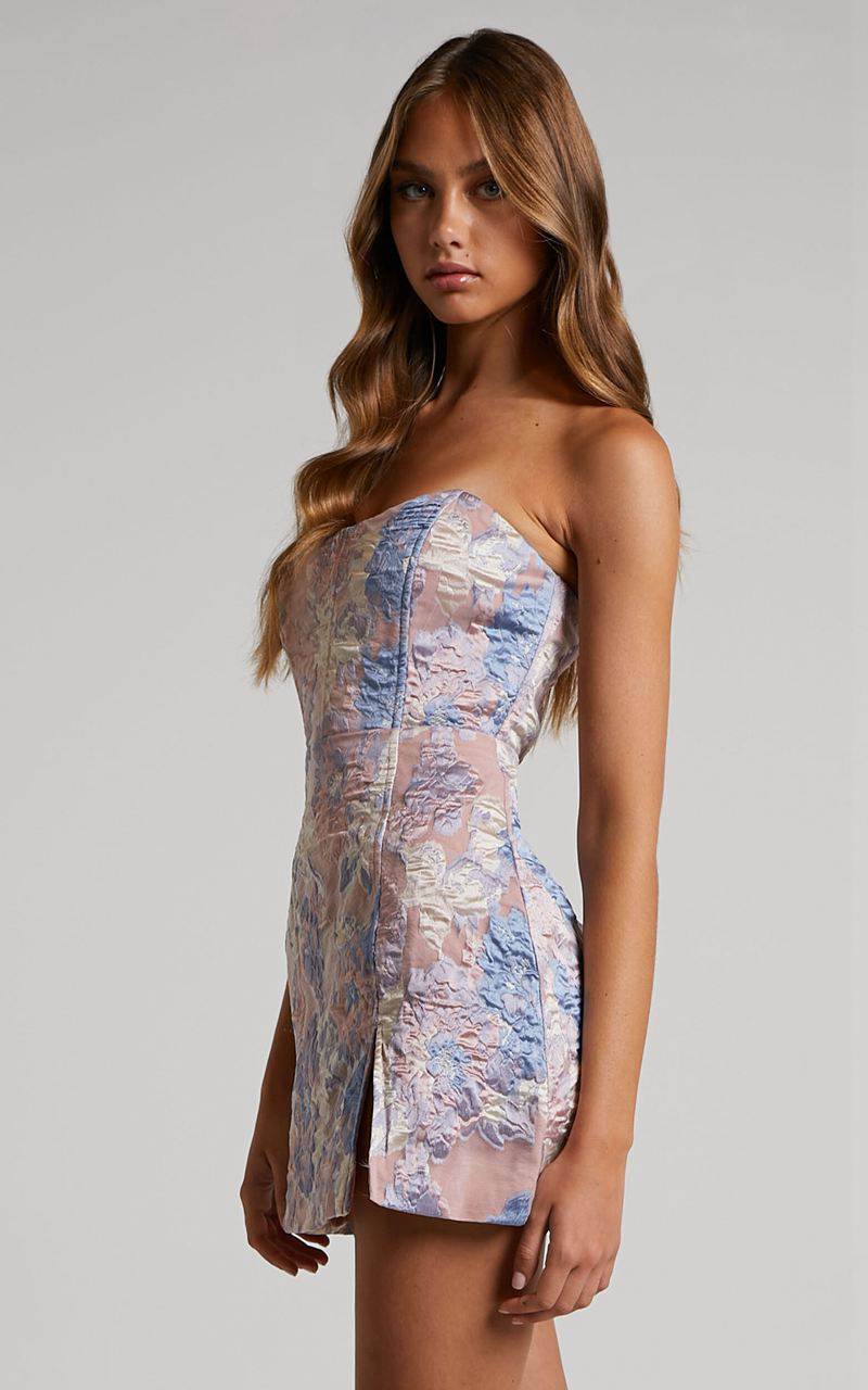 Showpo Brailey Mini Dress - Strapless Dress Pink And Blue Jacquard | FQNGAL350