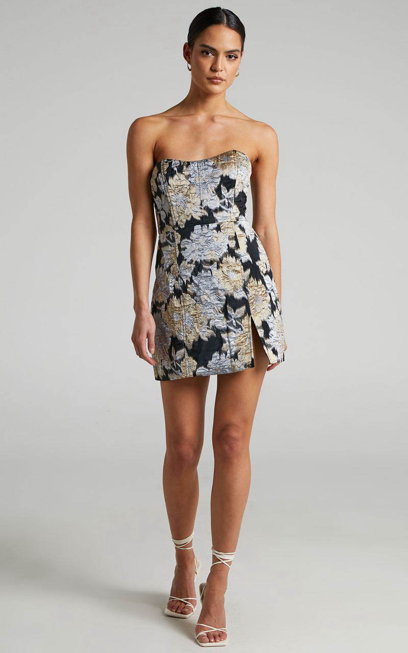 Showpo Brailey Mini Dress - Strapless Dress Black, Silver & Gold Jacquard | KNHSXL902