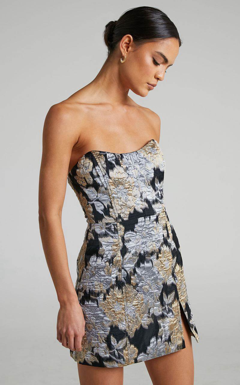 Showpo Brailey Mini Dress - Strapless Dress Black, Silver & Gold Jacquard | KNHSXL902